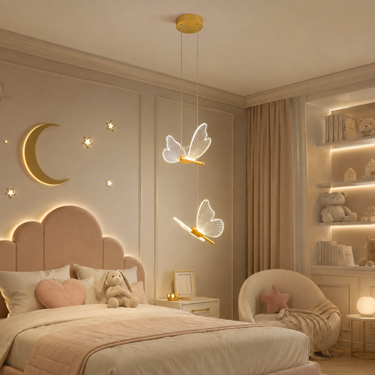 Lustre papillon LED installé dans une chambre d'enfant aux murs rose poudré, à côté d'une applique lune dorée