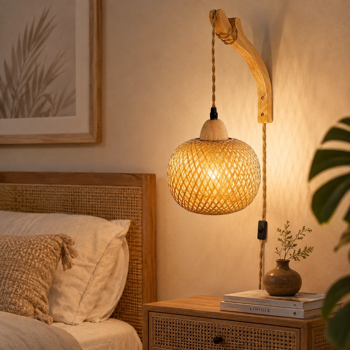 Applique murale en bois avec abat-jour en bambou tressé allumée au-dessus d'une table de chevet, dans une chambre aux tons naturels