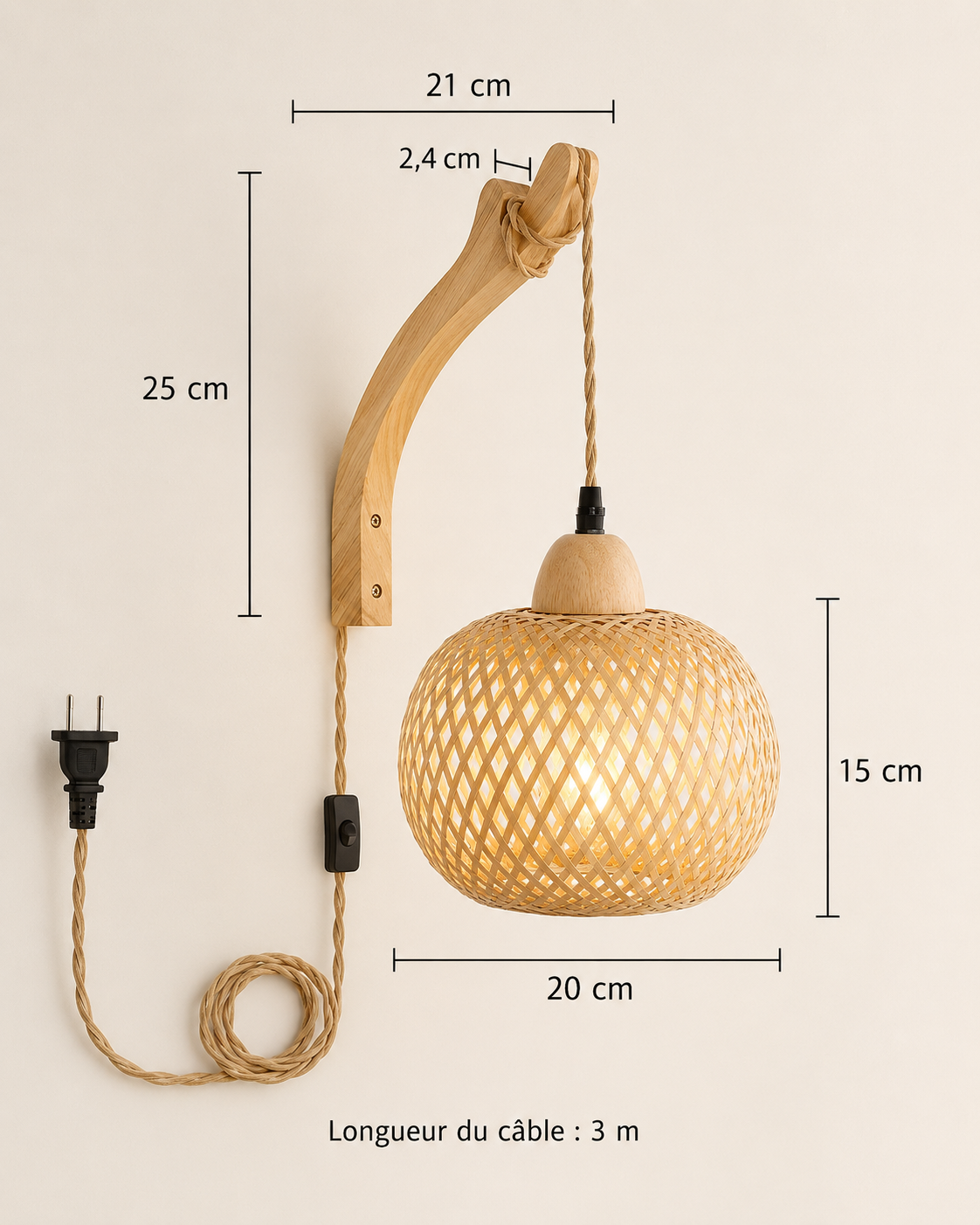Schéma des dimensions de l'applique murale bois : bras de 21 cm de saillie et 25 cm de hauteur, abat-jour de 20 cm de diamètre, câble de 3 m