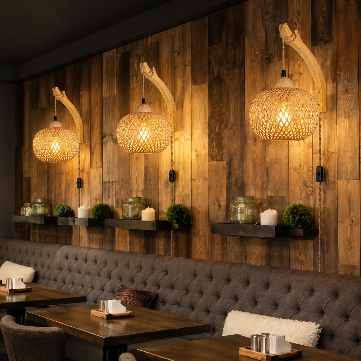 Trois appliques murales en bois et bambou tressé alignées sur un mur en bois de restaurant, au-dessus d'une banquette