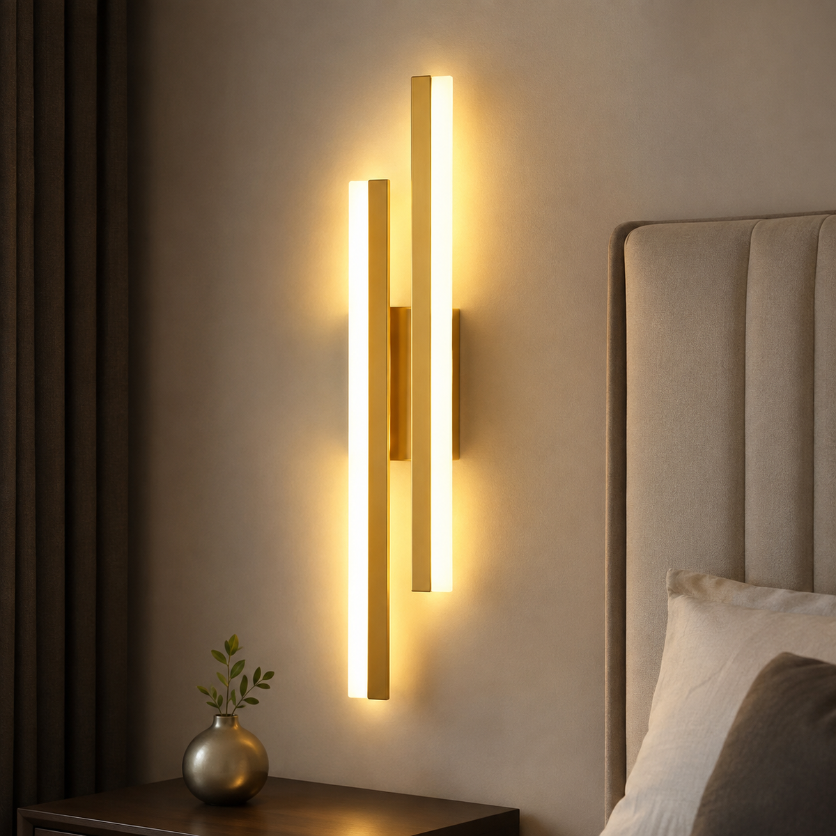 Applique murale LED dorée orientation droite installée en tête de lit, éclairant le mur d'une lumière chaude