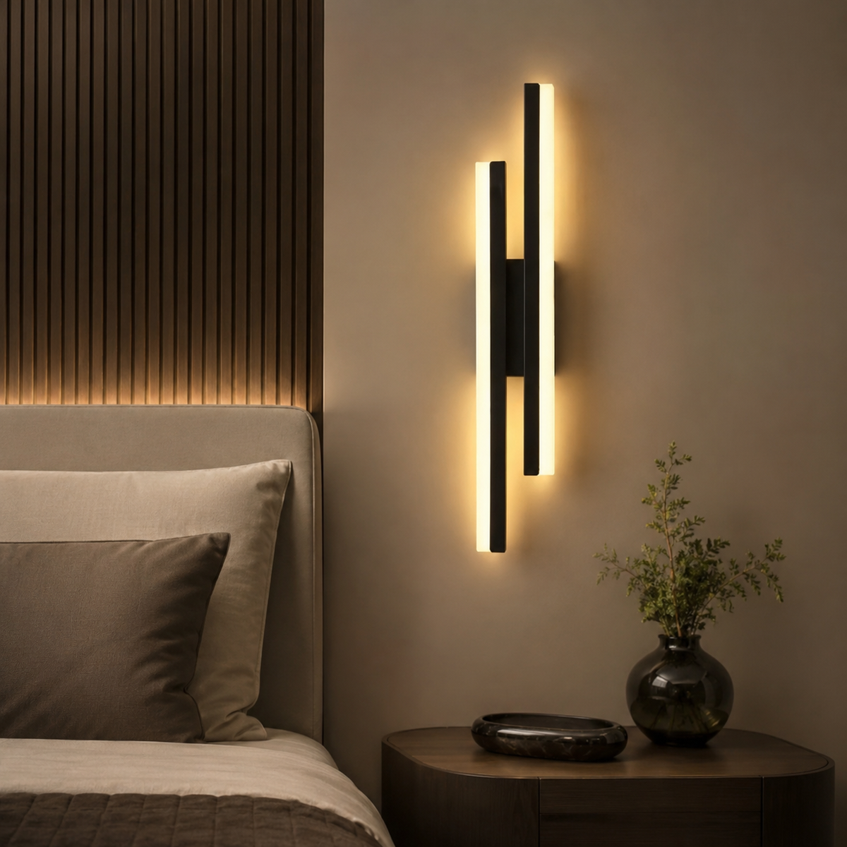 Applique murale LED de chambre noire, orientation droite, installée en tête de lit devant un mur en bois cannelé