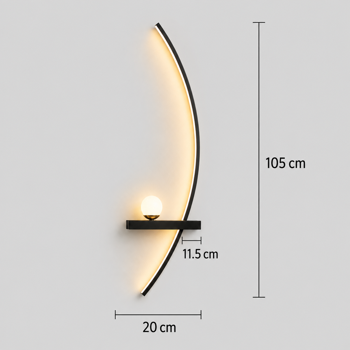 Schéma des dimensions de l'applique murale chevet arc droite : 105 cm de haut, tablette de 20 cm et 11,5 cm de saillie