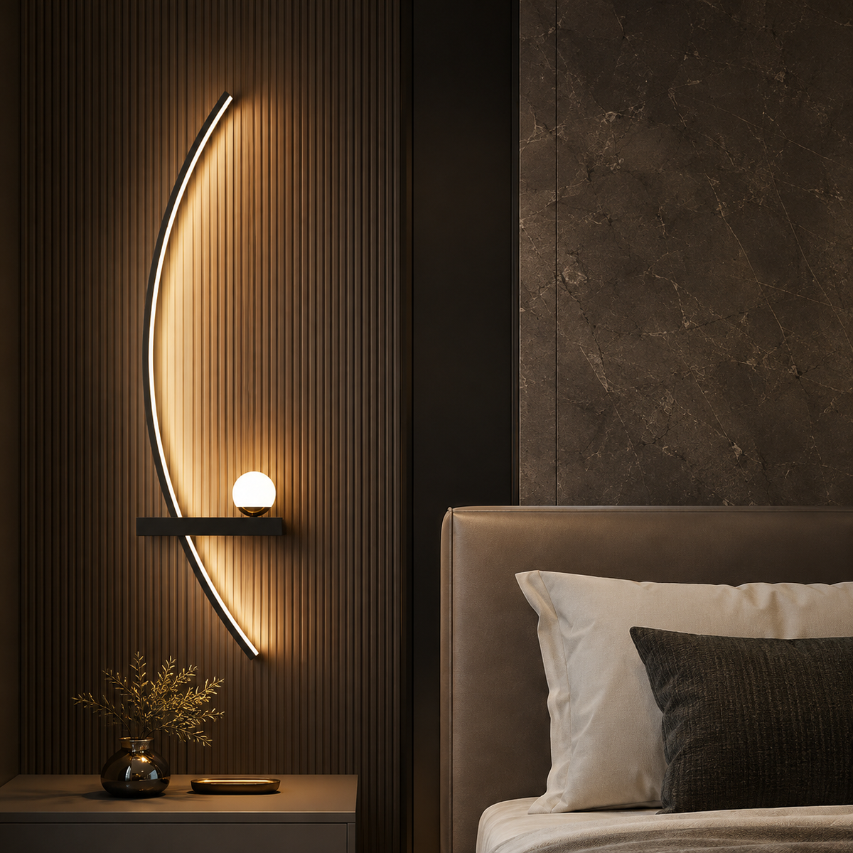 Applique murale chevet arc gauche en LED noir, tablette et globe allumés près d'une tête de lit sur un mur cannelé