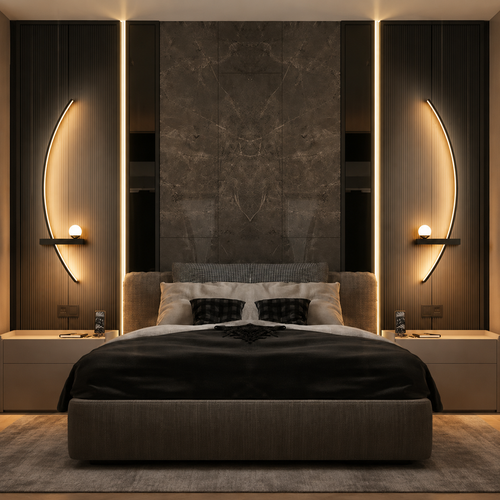 Deux appliques murales chevet, arc gauche et arc droite, installées en miroir de part et d'autre d'un lit double