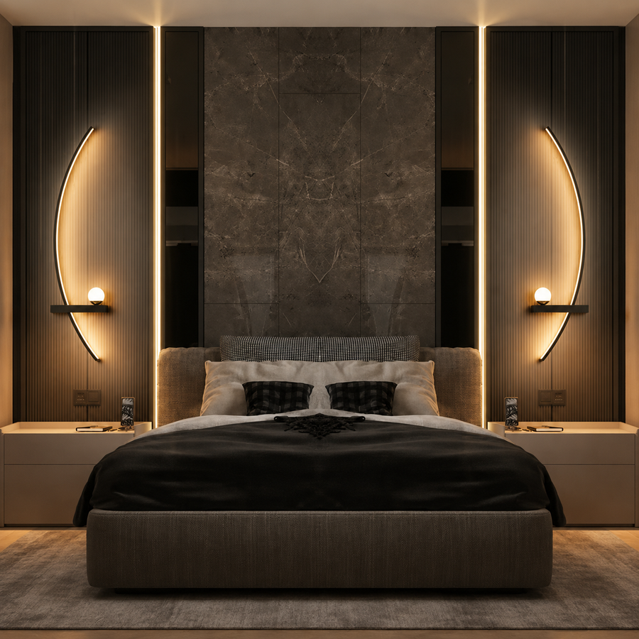 Deux appliques murales chevet, arc gauche et arc droite, installées en miroir de part et d'autre d'un lit double