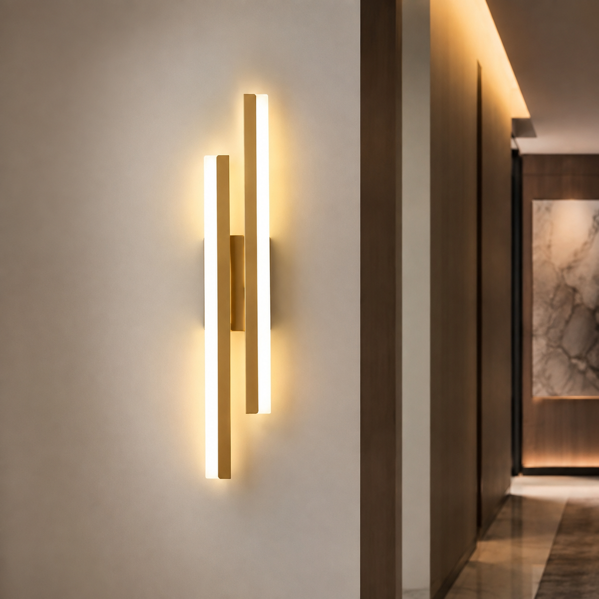 Applique murale LED dorée orientation droite allumée dans un couloir aux finitions marbre