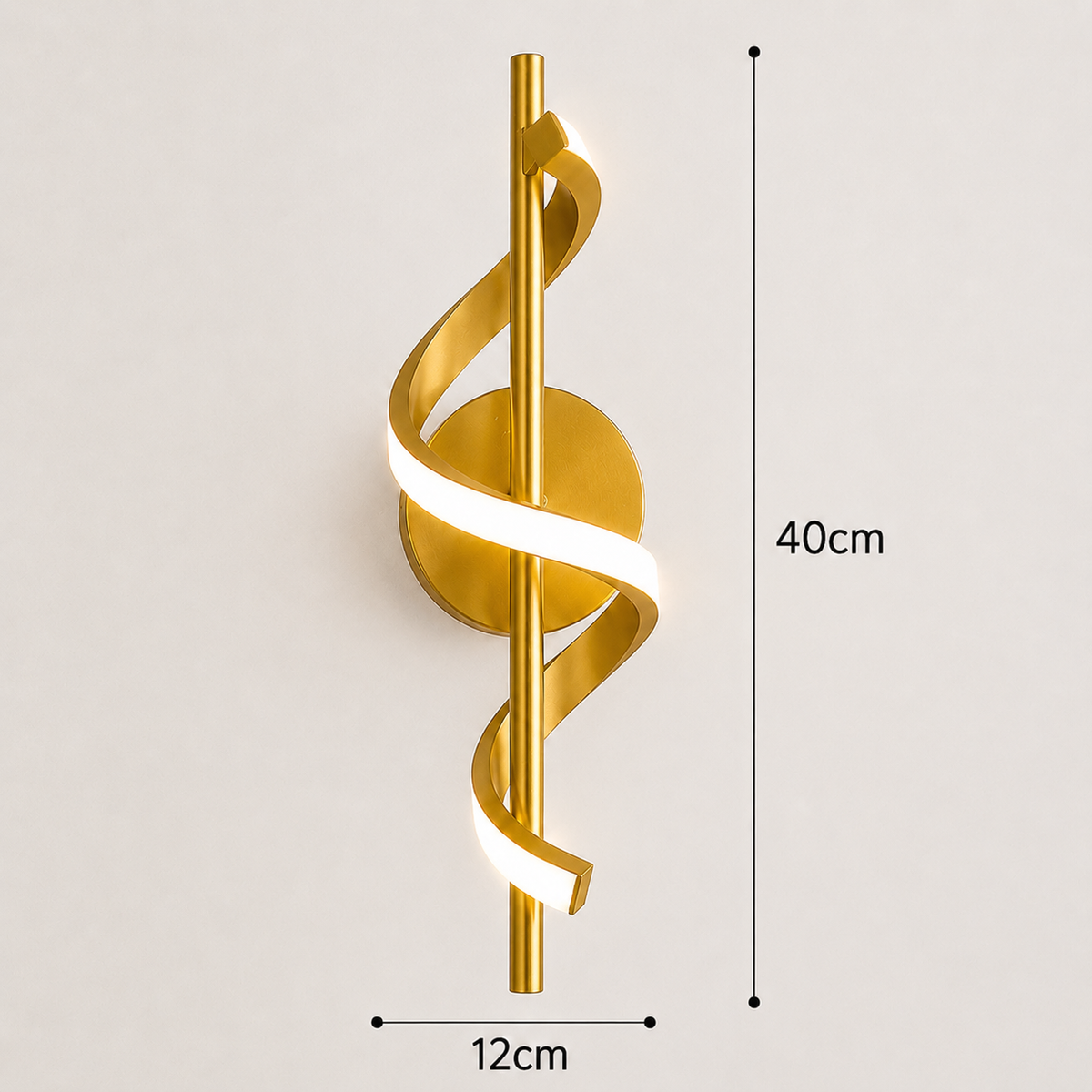 Schéma des dimensions de l'applique murale couloir en finition dorée : 40 cm de hauteur, 12 cm de largeur