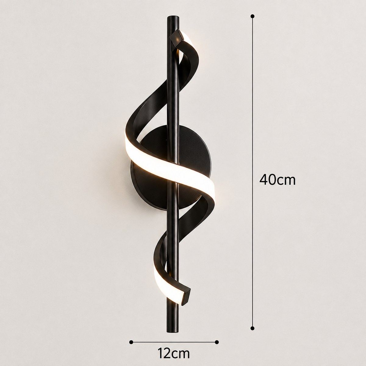 Schéma des dimensions de l'applique murale couloir en finition noire : 40 cm de hauteur, 12 cm de largeur