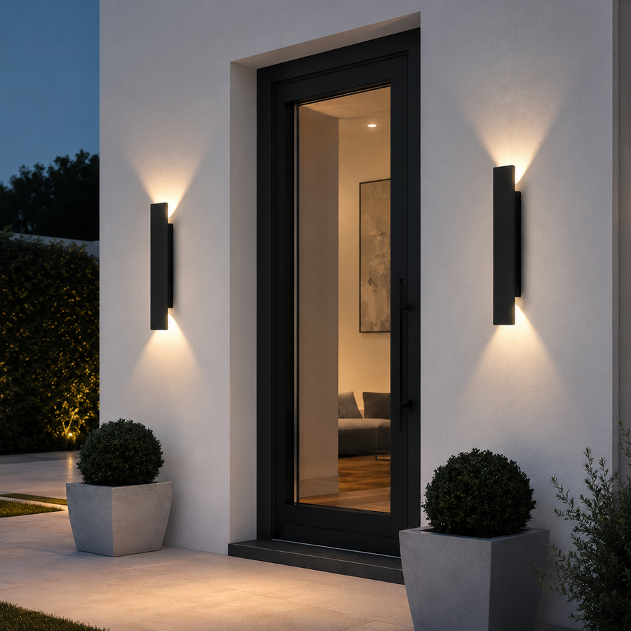 Applique murale design en aluminium noir installée de part et d'autre d'une porte vitrée, projetant un double faisceau chaud sur la façade