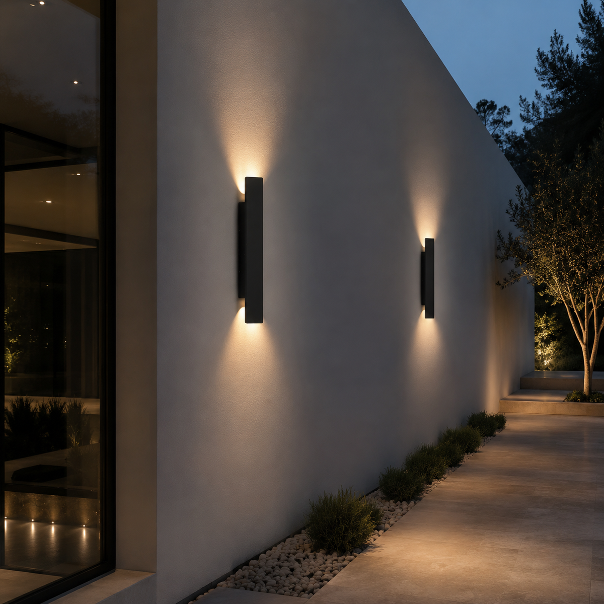 Appliques murales design alignées le long d'un mur de terrasse au crépuscule, éclairant une allée bordée de galets