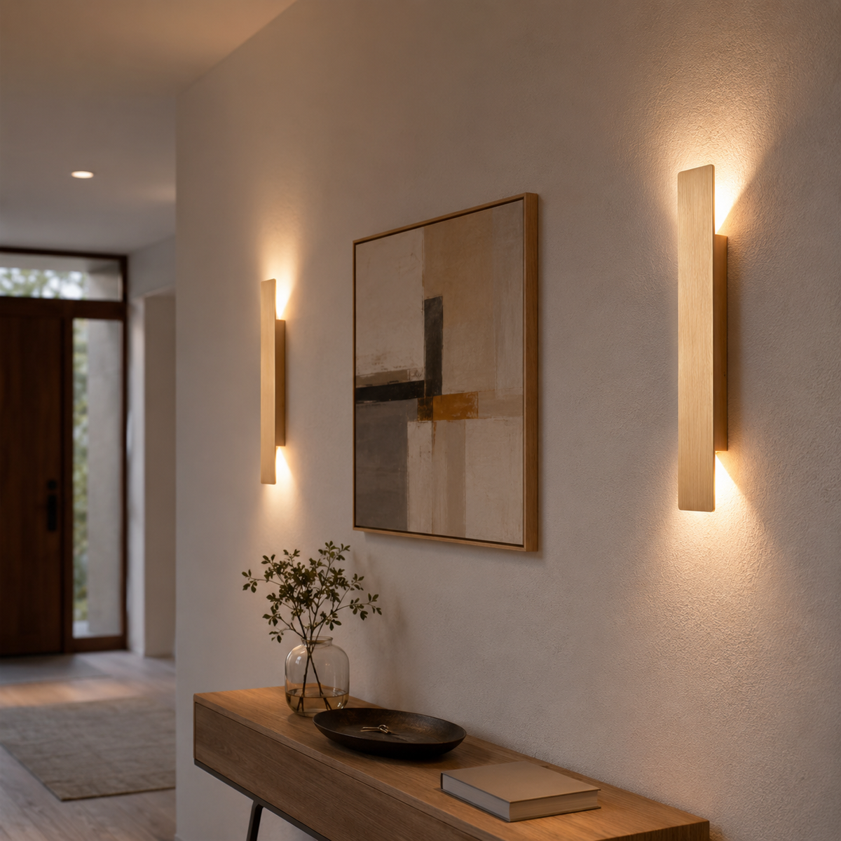 Appliques murales dorées de part et d'autre d'un tableau dans une entrée, au-dessus d'une console en bois