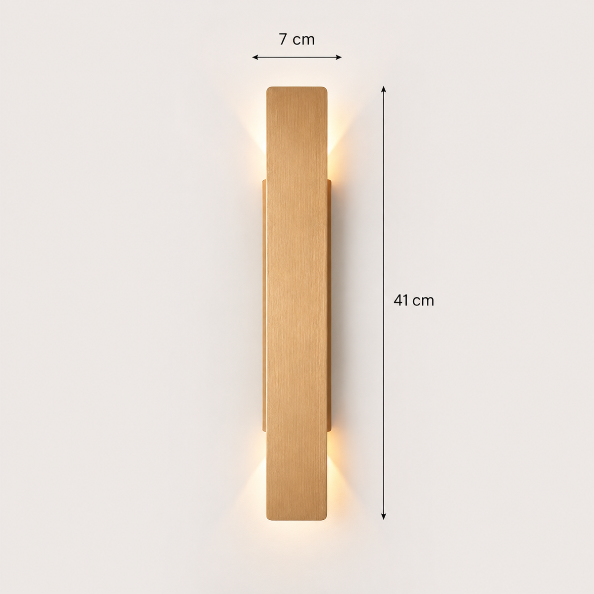 Schéma des dimensions de l'applique murale dorée : 41 cm de hauteur, 7 cm de largeur, double faisceau haut et bas