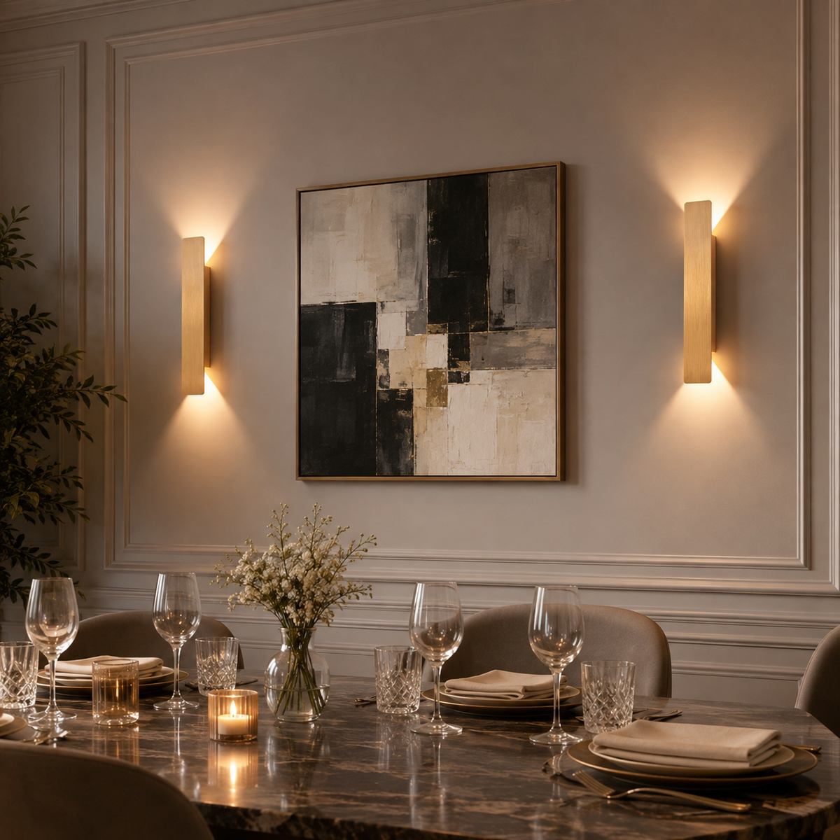 Deux appliques murales dorées encadrant un tableau dans une salle à manger, éclairant un mur à moulures d'une lumière chaude