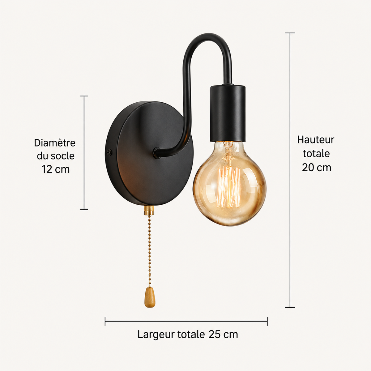 Schéma des dimensions de l'applique murale industrielle : 25 cm de largeur totale, 20 cm de hauteur, socle de 12 cm de diamètre