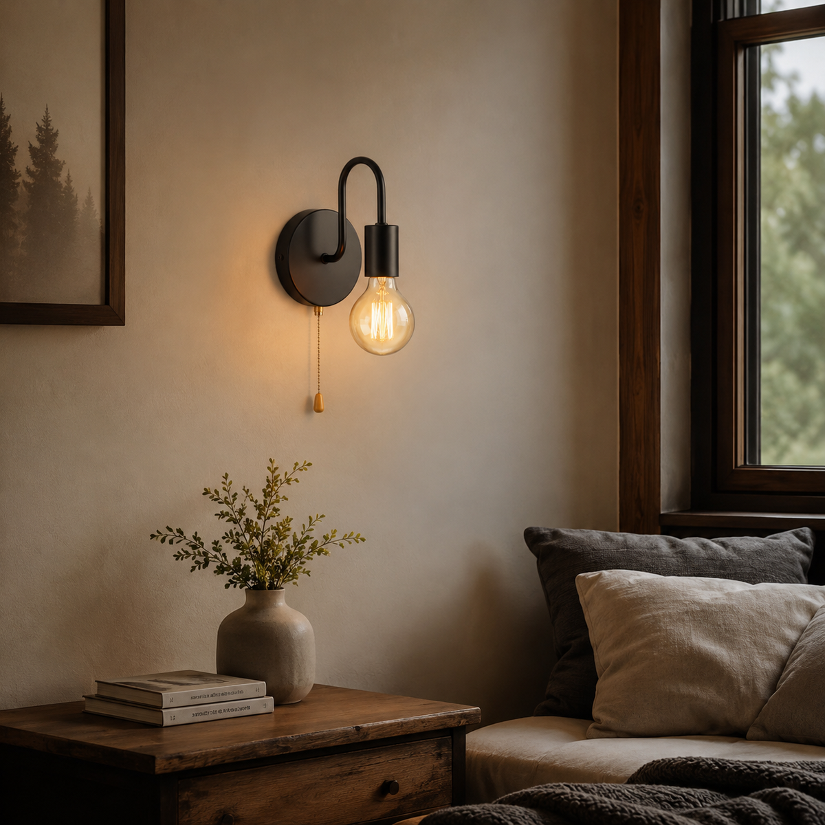 Applique murale industrielle noire installée dans un coin lecture au-dessus d'un chevet, diffusant une lumière chaude