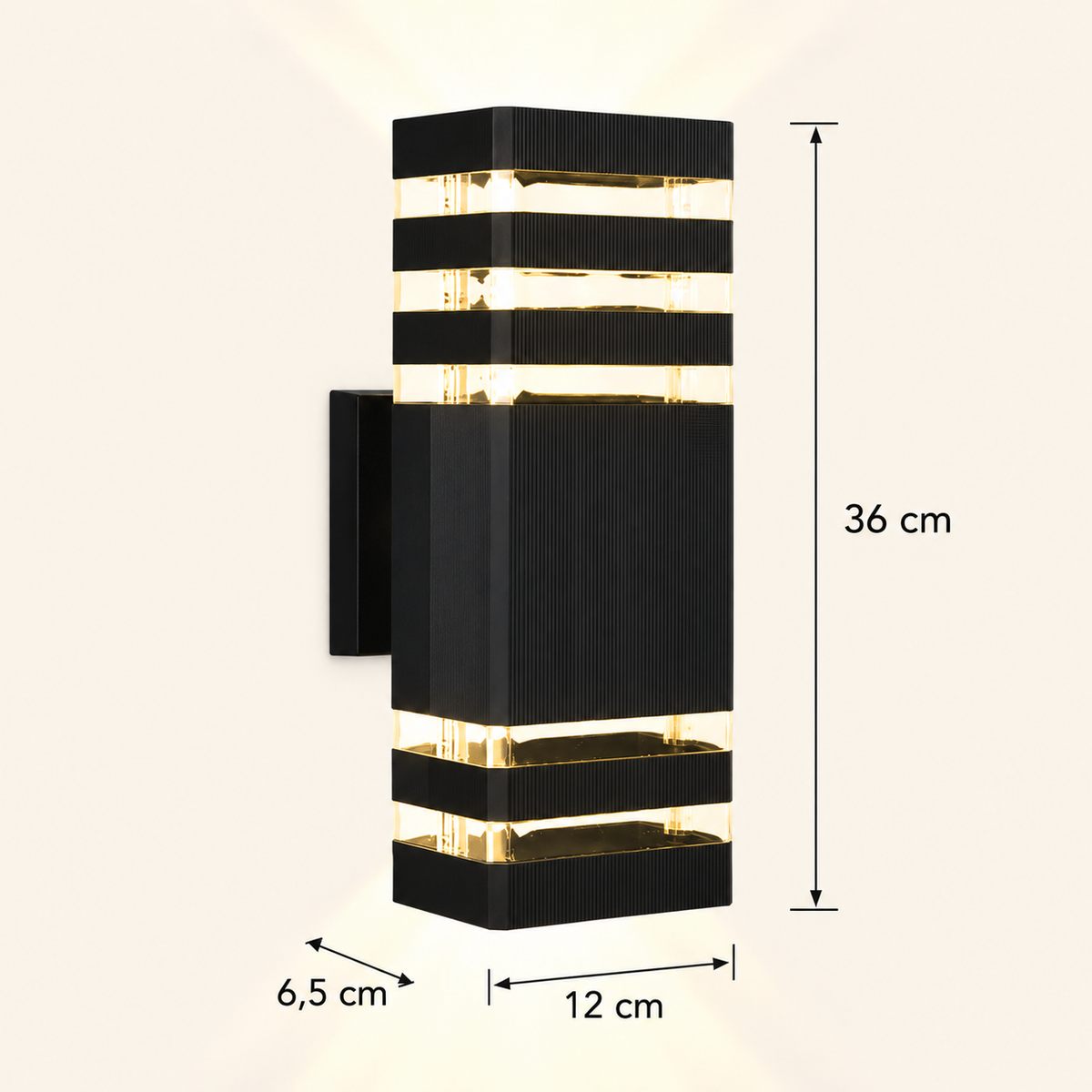 Schéma des dimensions de l'applique murale noire d'extérieur : 36 cm de hauteur, 12 cm de largeur, 6,5 cm de saillie