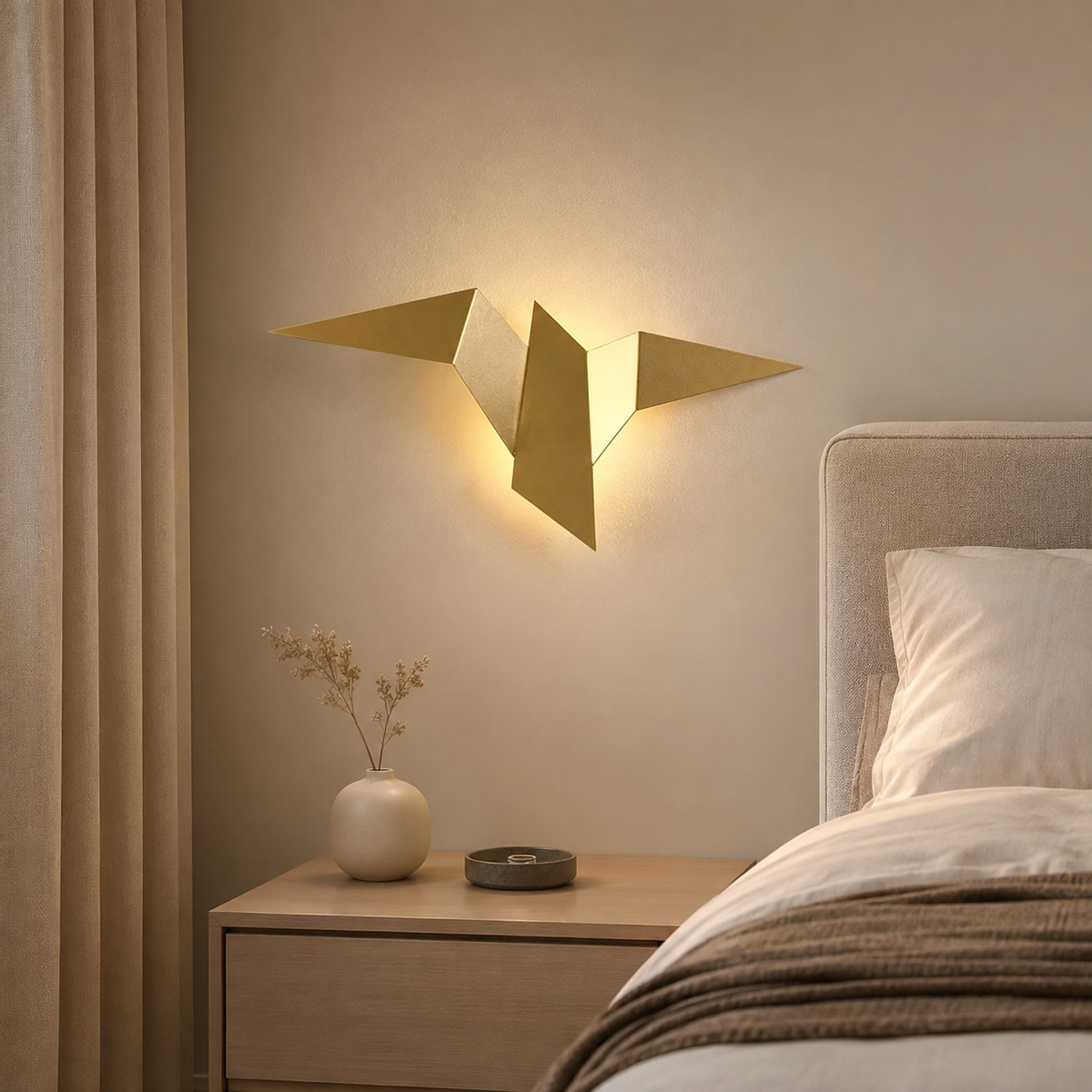 Applique murale originale origami oiseau dorée allumée au-dessus d'une table de chevet dans une chambre aux tons beige