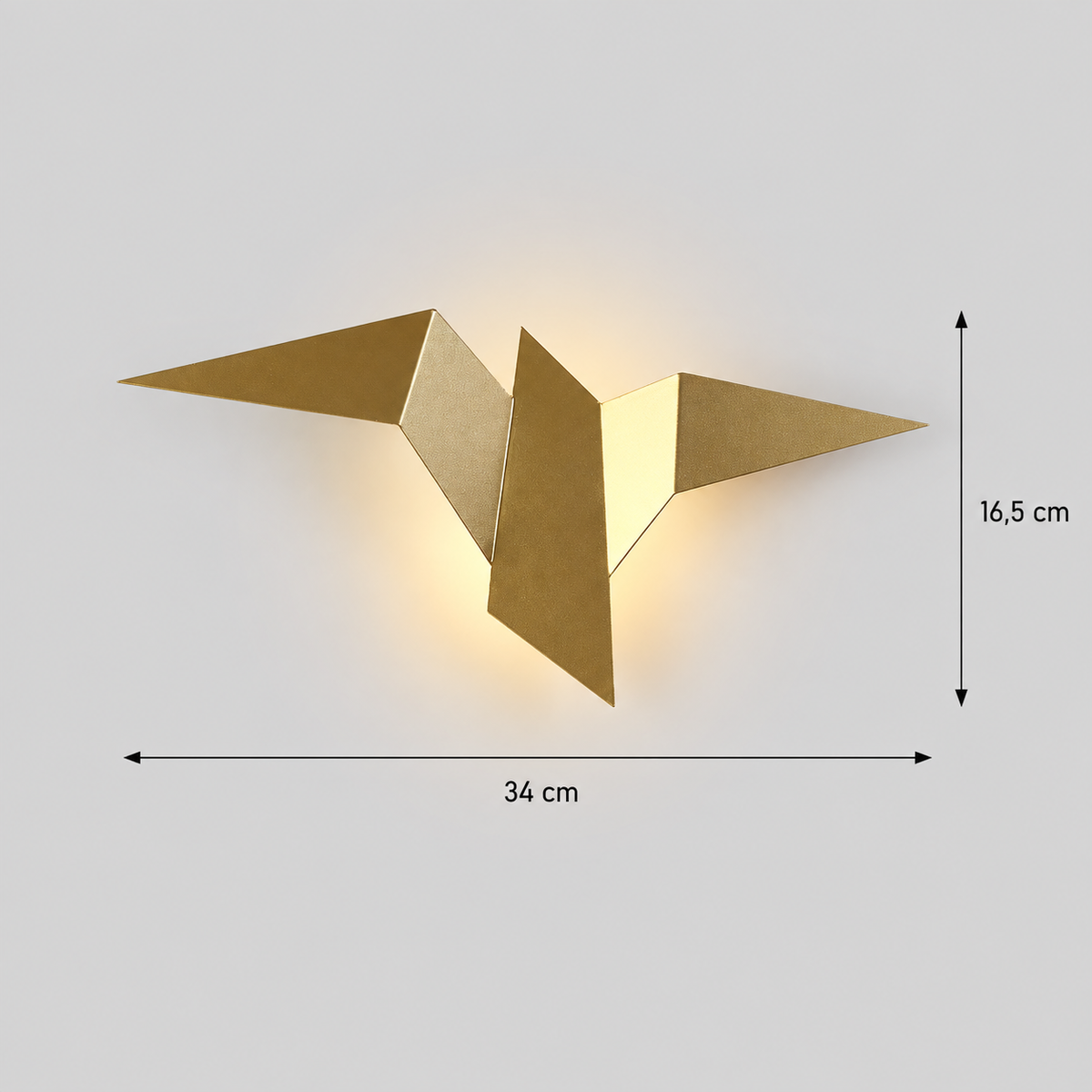 Schéma des dimensions de l'applique murale originale origami : 34 cm d'envergure, 16,5 cm de hauteur, finition dorée
