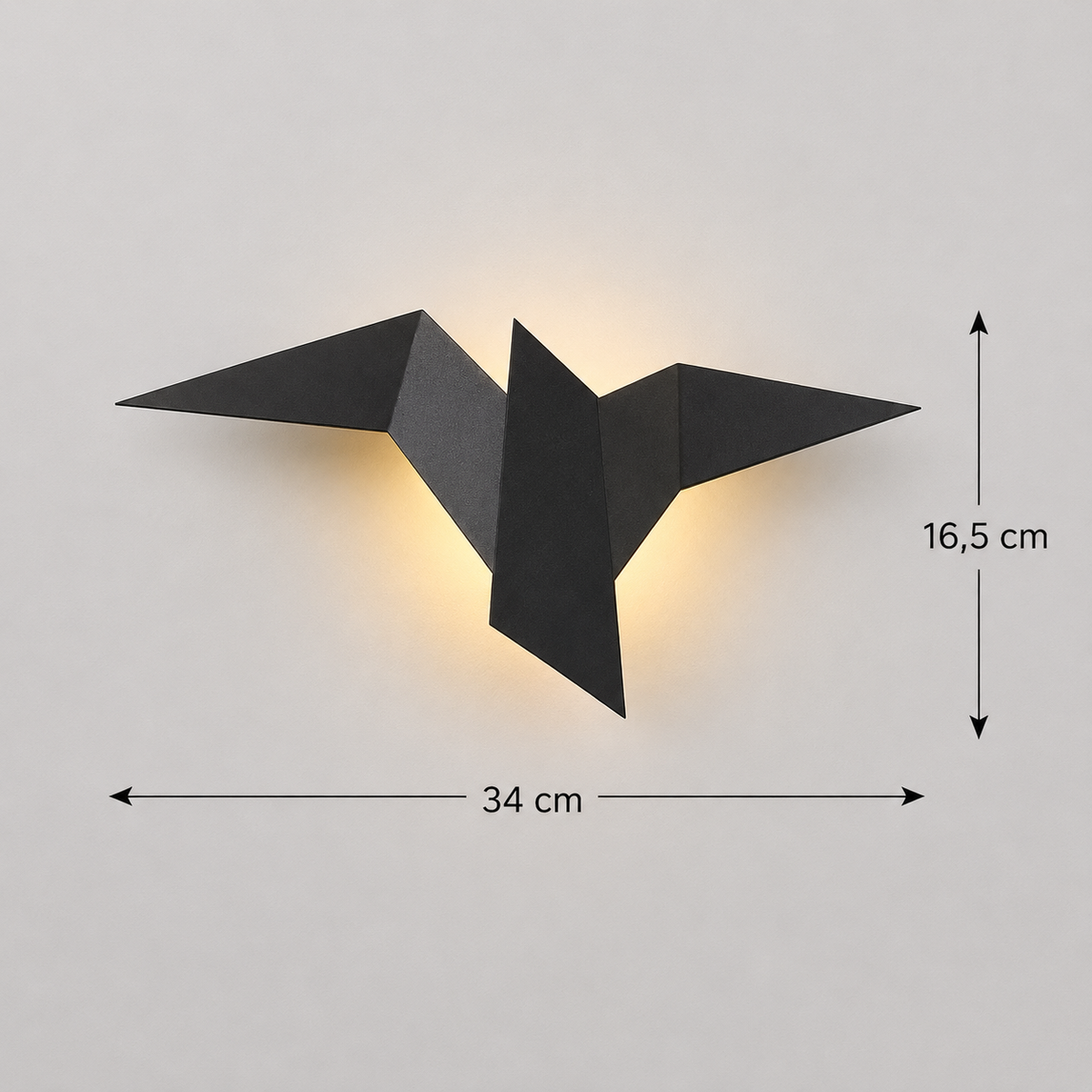 Schéma des dimensions de l'applique murale originale origami : 34 cm d'envergure, 16,5 cm de hauteur, finition noire