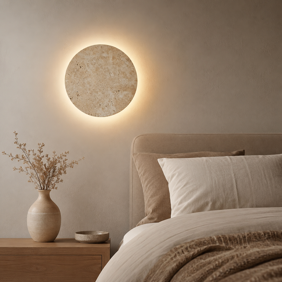 Applique murale ronde en pierre rétroéclairée installée en tête de lit, éclairant le mur d'une lumière chaude indirecte