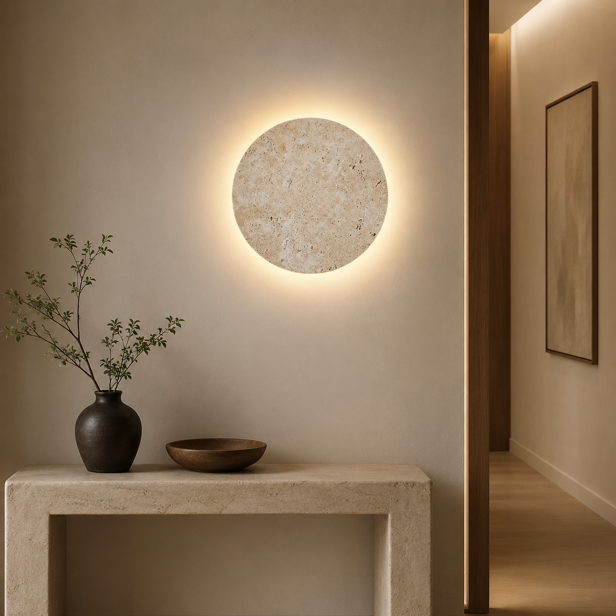 Applique murale ronde en pierre naturelle rétroéclairée au-dessus d'une console d'entrée en travertin, halo chaud sur le mur
