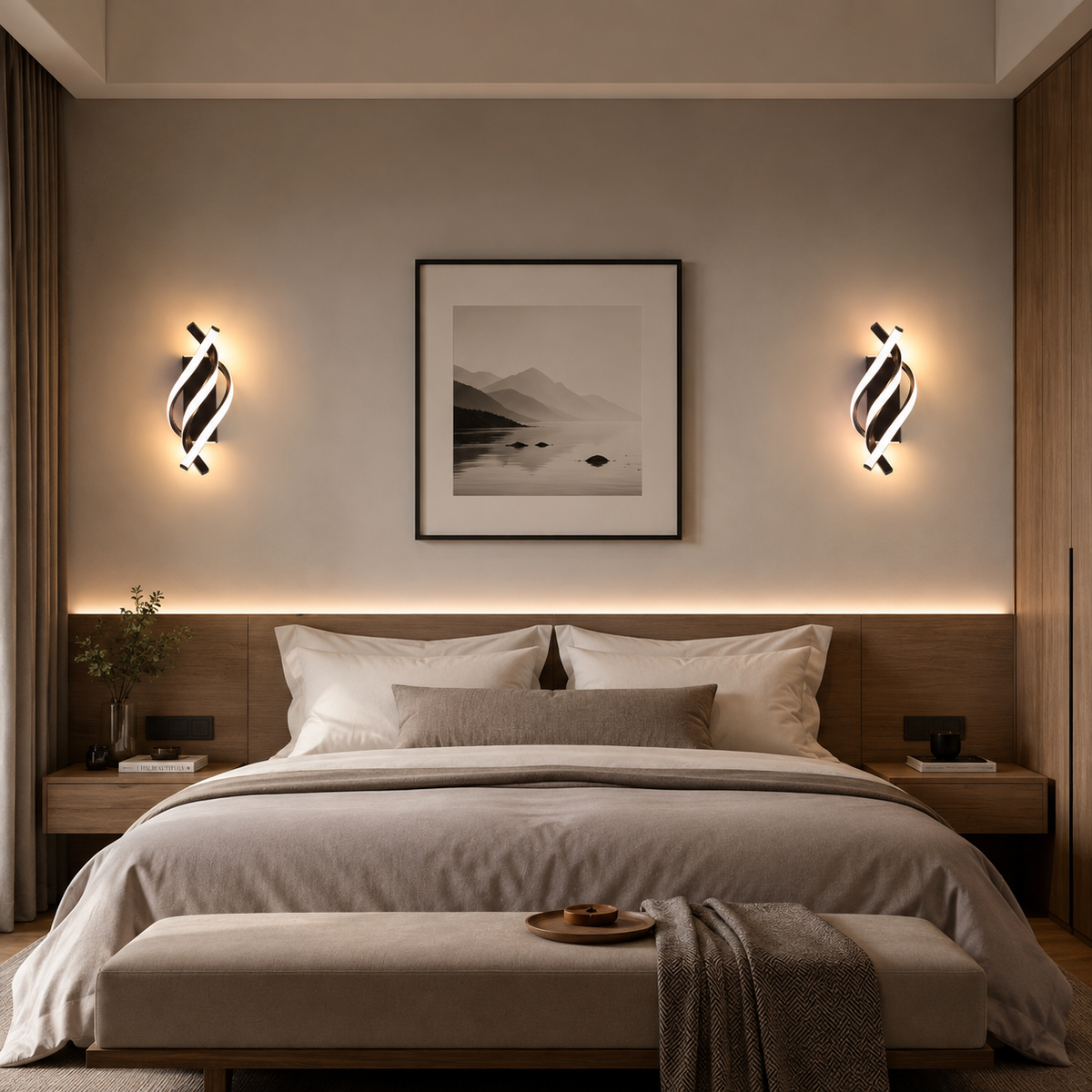 Deux appliques murales spirale LED noires installées de part et d'autre d'un lit, diffusant une lumière chaude sur un mur clair