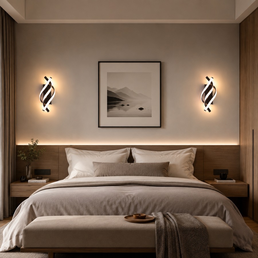 Deux appliques murales spirale LED noires installées de part et d'autre d'un lit, diffusant une lumière chaude sur un mur clair