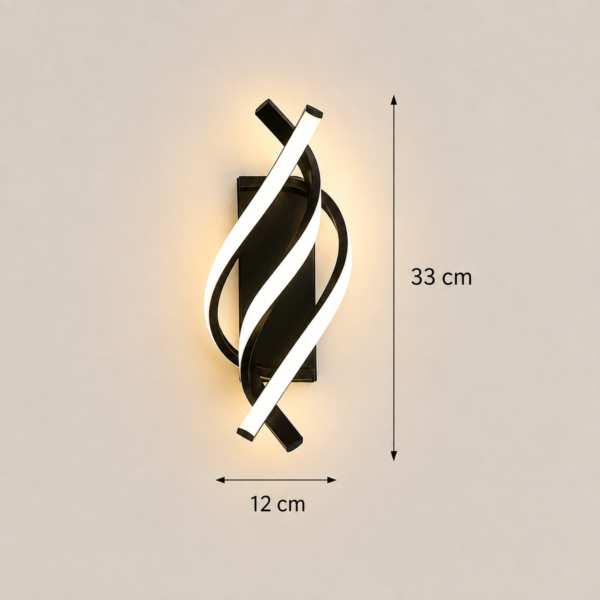 Schéma des dimensions de l'applique murale spirale : 33 cm de hauteur, 12 cm de largeur