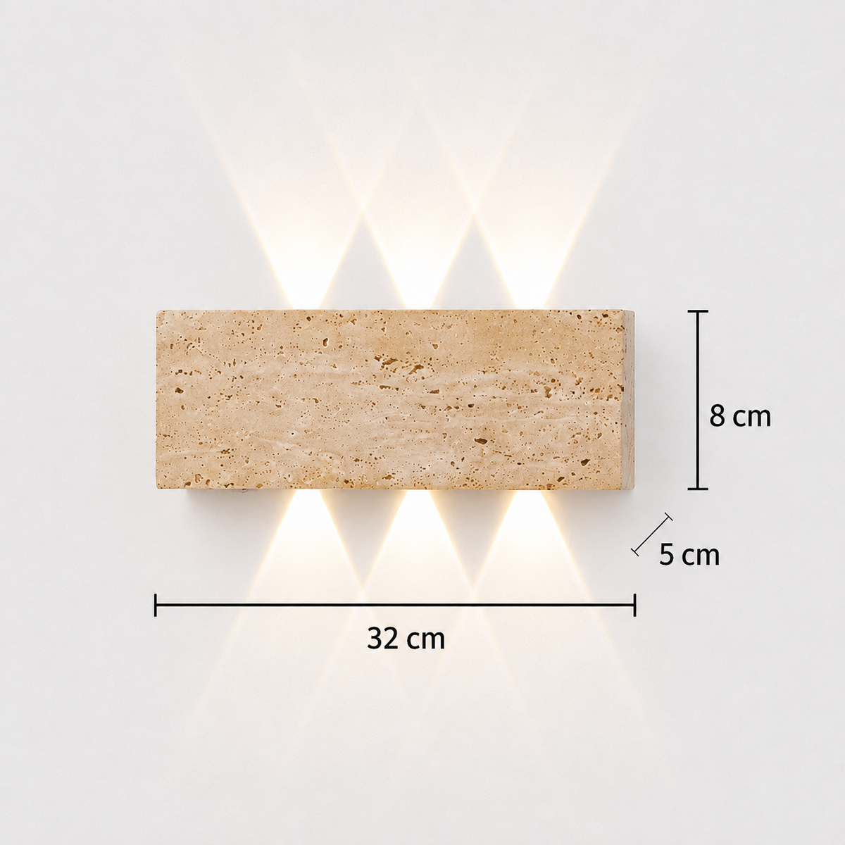 Schéma des dimensions de l'applique murale en travertin : 32 cm de longueur, 8 cm de hauteur, 5 cm de saillie