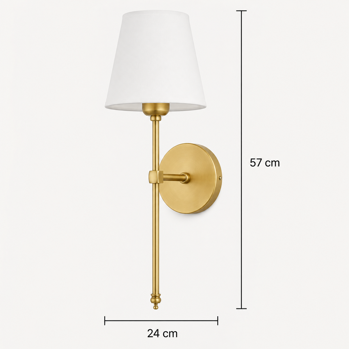 Schéma des dimensions de l'applique murale vintage dorée : 57 cm de hauteur totale, 24 cm de largeur