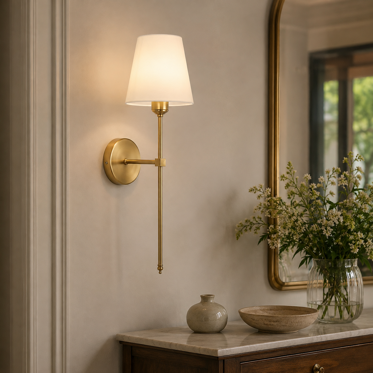 Applique murale vintage dorée à côté d'un miroir, au-dessus d'une console en marbre et bois