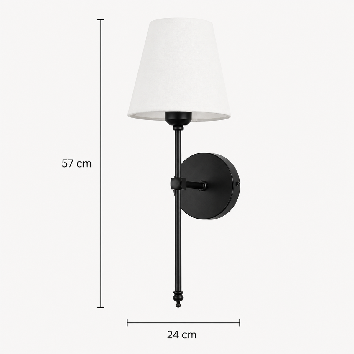 Schéma des dimensions de l'applique murale vintage noire : 57 cm de hauteur totale, 24 cm de largeur