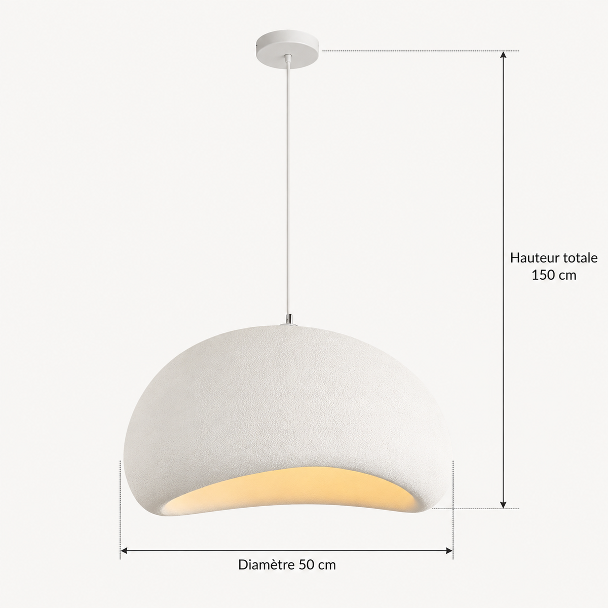 Schéma des dimensions du lustre blanc : dôme sculpté de 50 cm de diamètre, hauteur totale de 150 cm câble compris