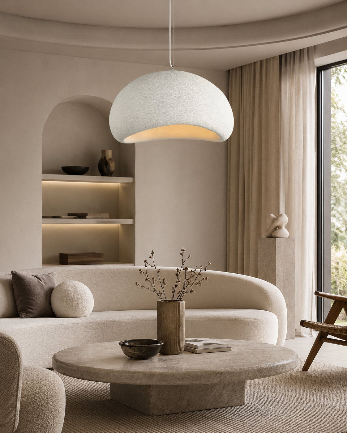 Lustre blanc en forme de dôme sculpté mat, allumé au-dessus d'un salon