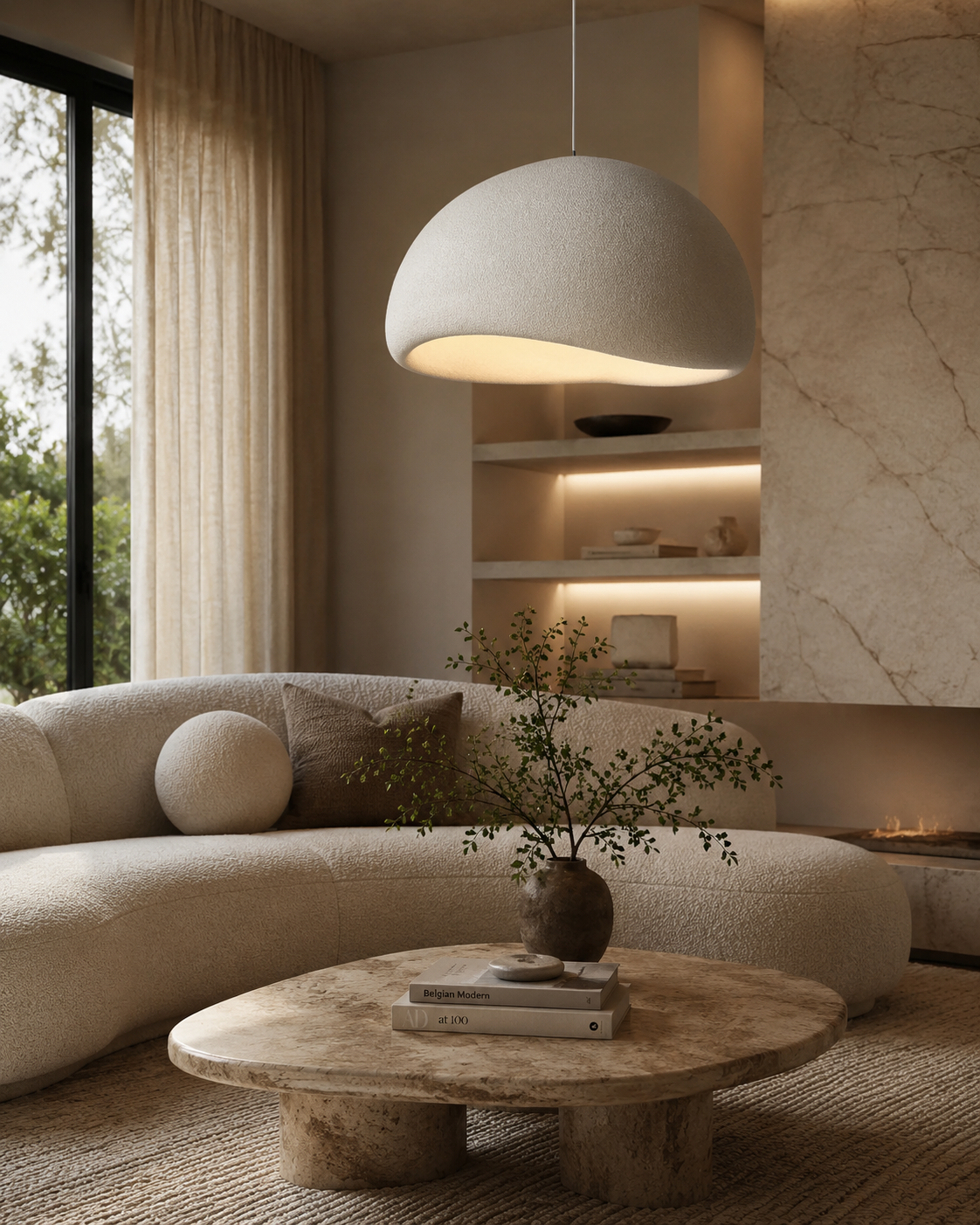 Lustre blanc dôme sculpté suspendu au-dessus d'une table basse, lumière indirecte sans éblouissement