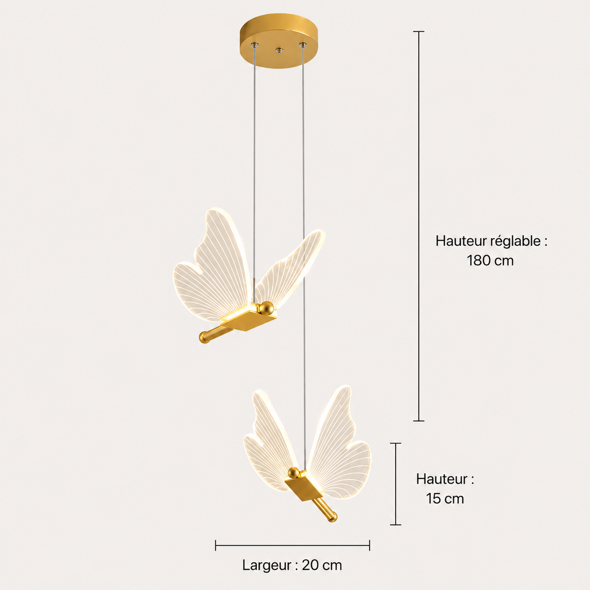 Schéma des dimensions du lustre papillon : papillon de 20 cm de large et 15 cm de haut, hauteur réglable jusqu'à 180 cm