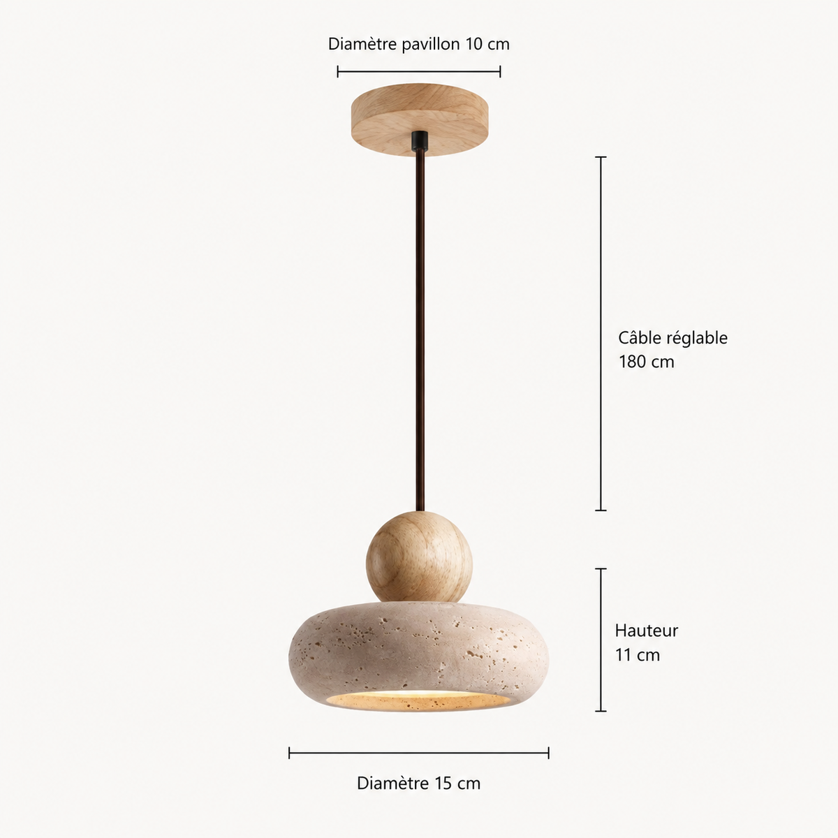 Schéma des dimensions du lustre couloir : galet de pierre de 15 cm de diamètre et 11 cm de haut, pavillon de 10 cm, câble réglable jusqu'à 180 cm