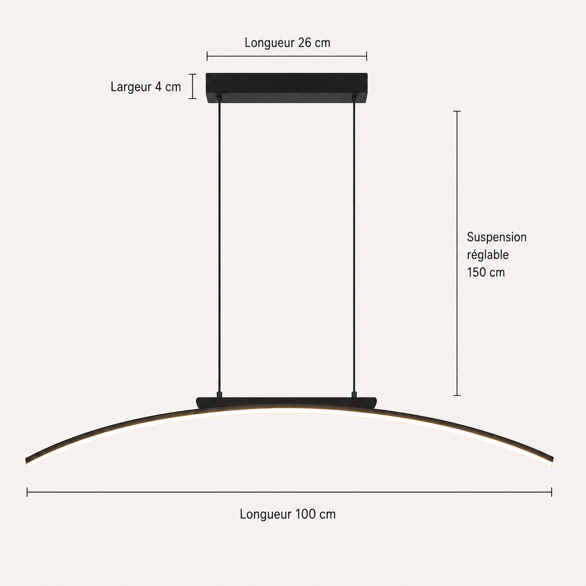 Schéma des dimensions du lustre design en arc LED : arc de 100 cm, platine de 26 cm par 4 cm, suspension réglable jusqu'à 150 cm