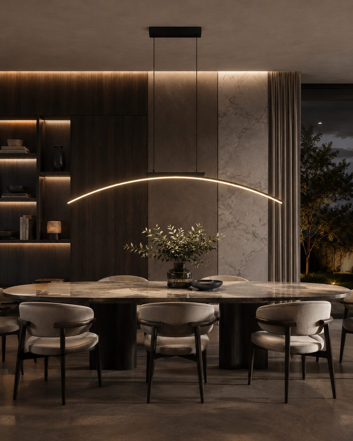 Lustre design arc LED noir éclairant une salle à manger en soirée d'une lumière chaude continue