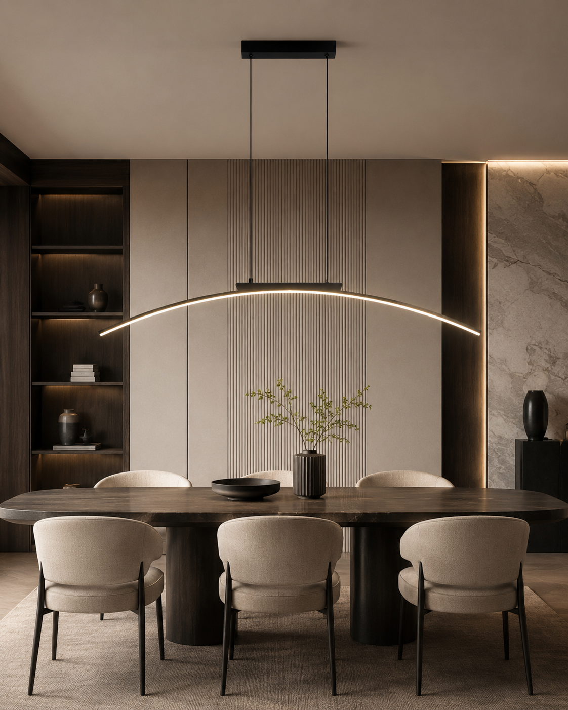 Lustre design en arc LED noir allumé au-dessus d'une table en bois foncé