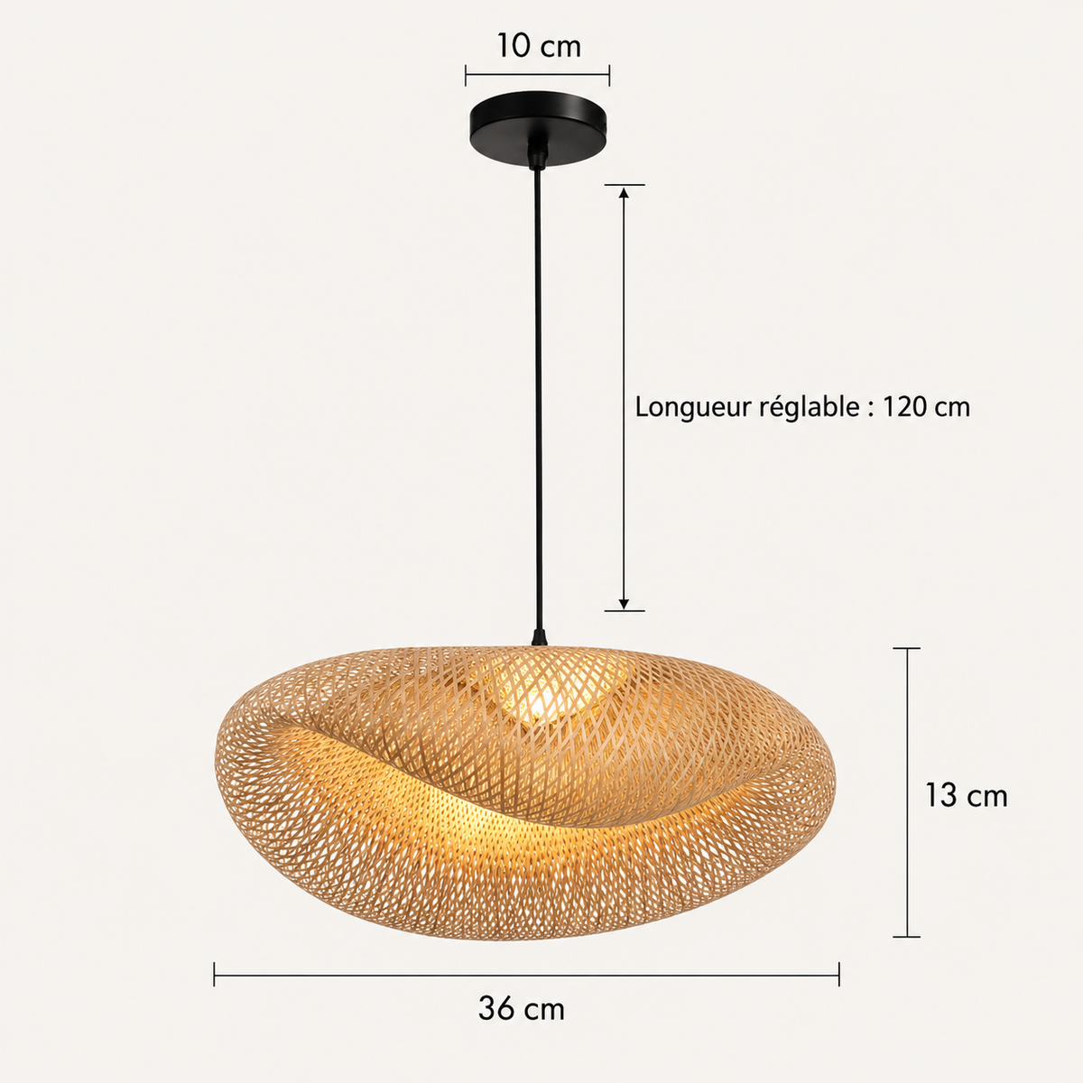 Schéma des dimensions du lustre en osier : abat-jour de 36 cm de diamètre et 13 cm de haut, câble réglable jusqu'à 120 cm