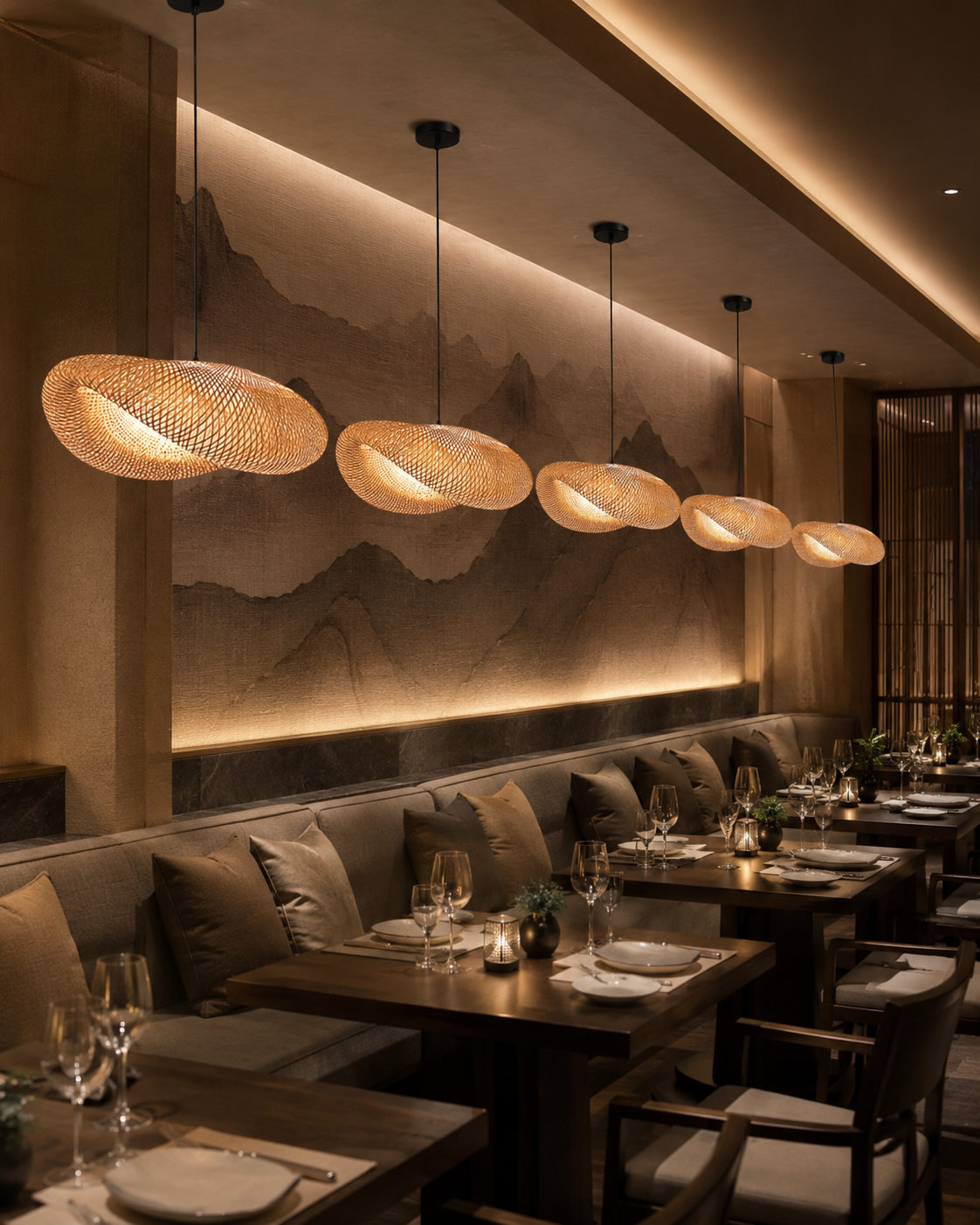Trois lustres en osier tressé alignés au-dessus des tables d'un restaurant, diffusant une lumière chaude filtrée