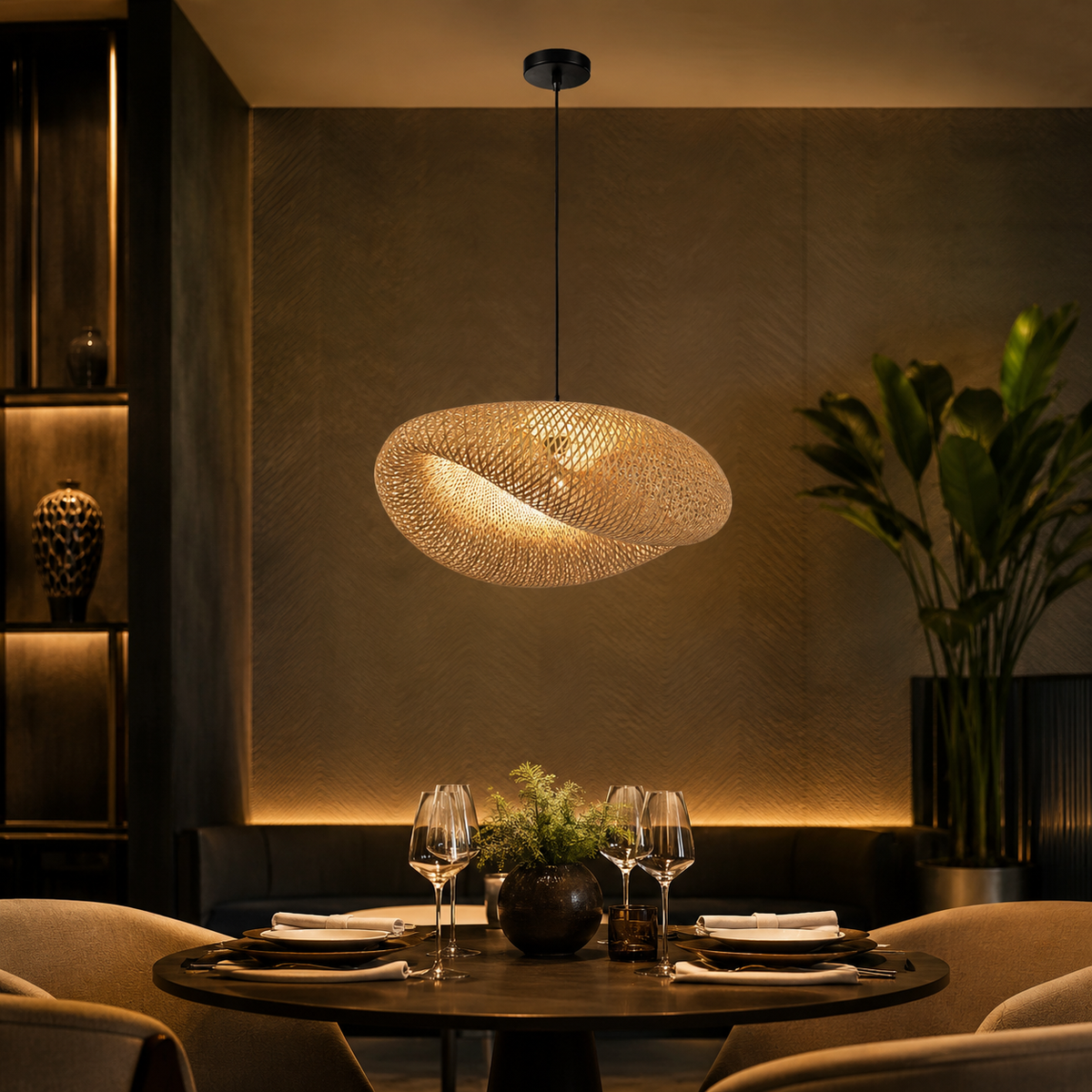 Lustre en fibre naturelle, abat-jour en bambou tressé à la main allumé au-dessus d'une table de salle à manger