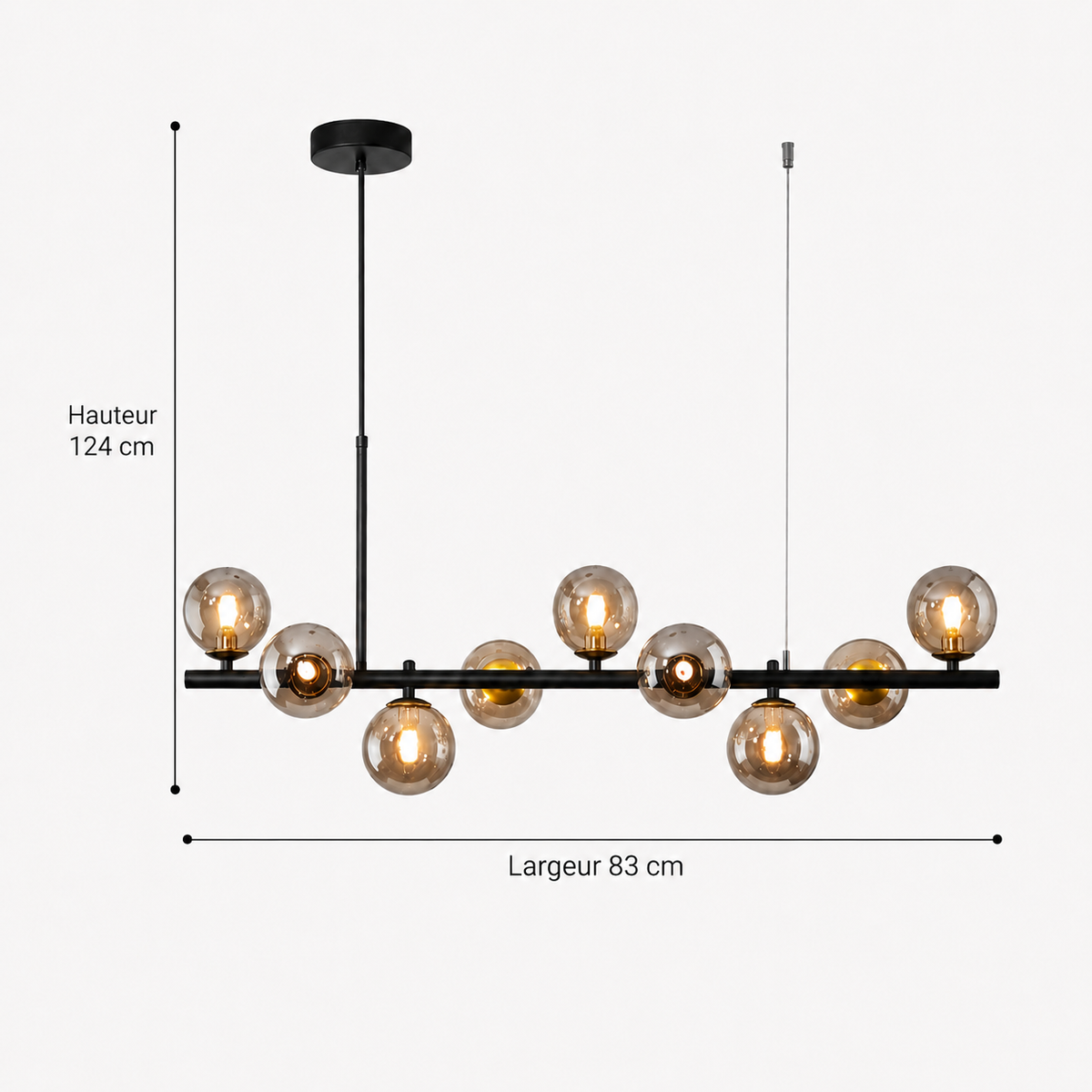 Schéma des dimensions du lustre en verre : 83 cm de largeur, 124 cm de hauteur totale, neuf globes fumés de 10 cm