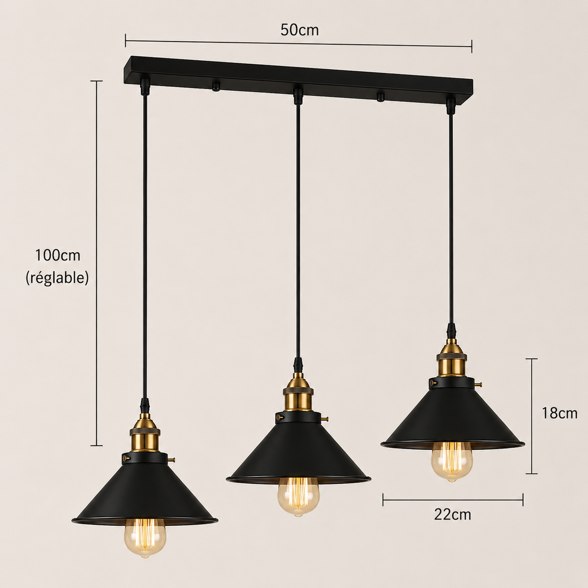 Schéma des dimensions du lustre industriel 3 lampes : platine de 50 cm, abat-jour de 22 cm de large et 18 cm de haut