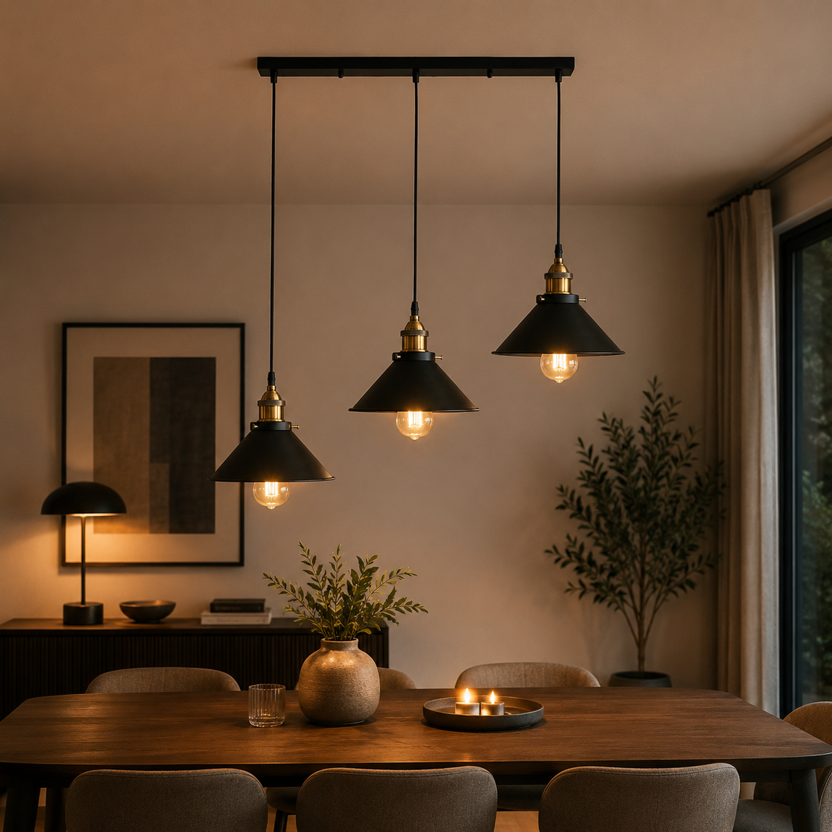 Lustre industriel 3 lampes coniques noires allumé au-dessus d'une table en bois foncé dans une salle à manger