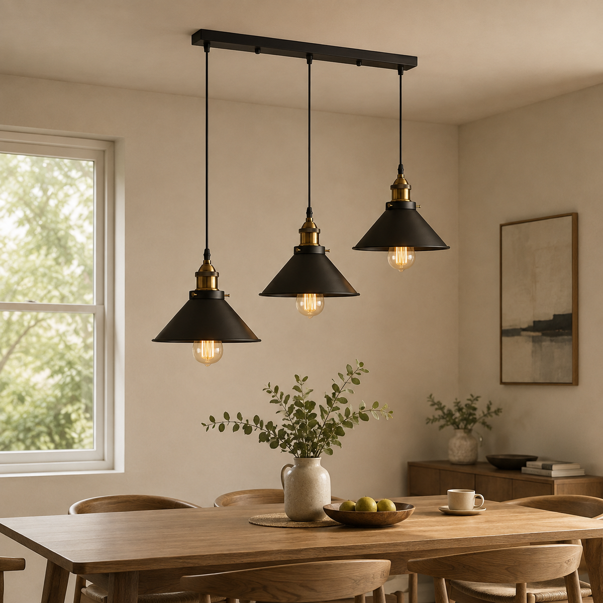 Lustre industriel à trois abat-jour coniques en métal noir et laiton au-dessus d'une table en chêne clair