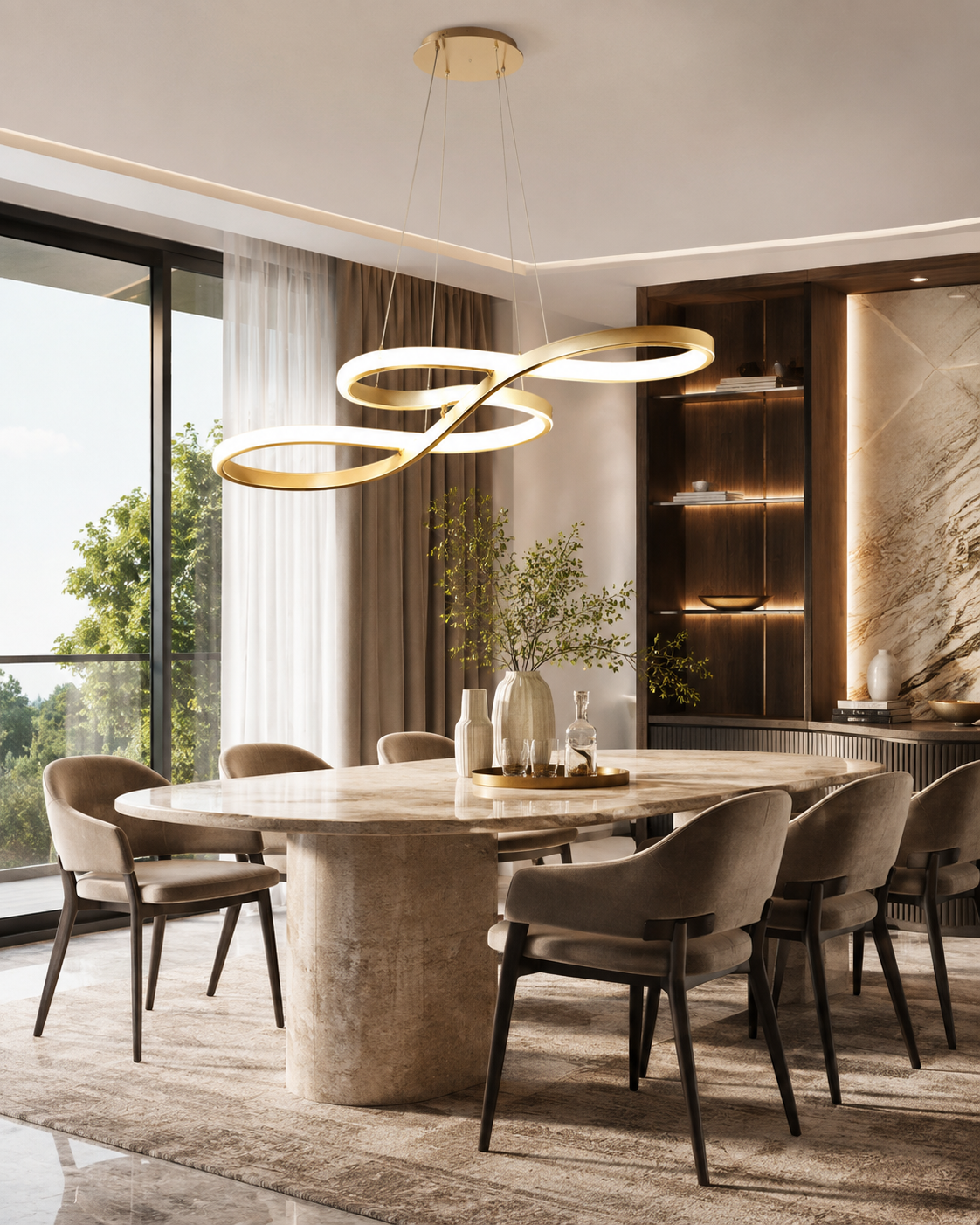 Lustre LED anneaux dorés suspendu dans une salle à manger, lumière chaude continue