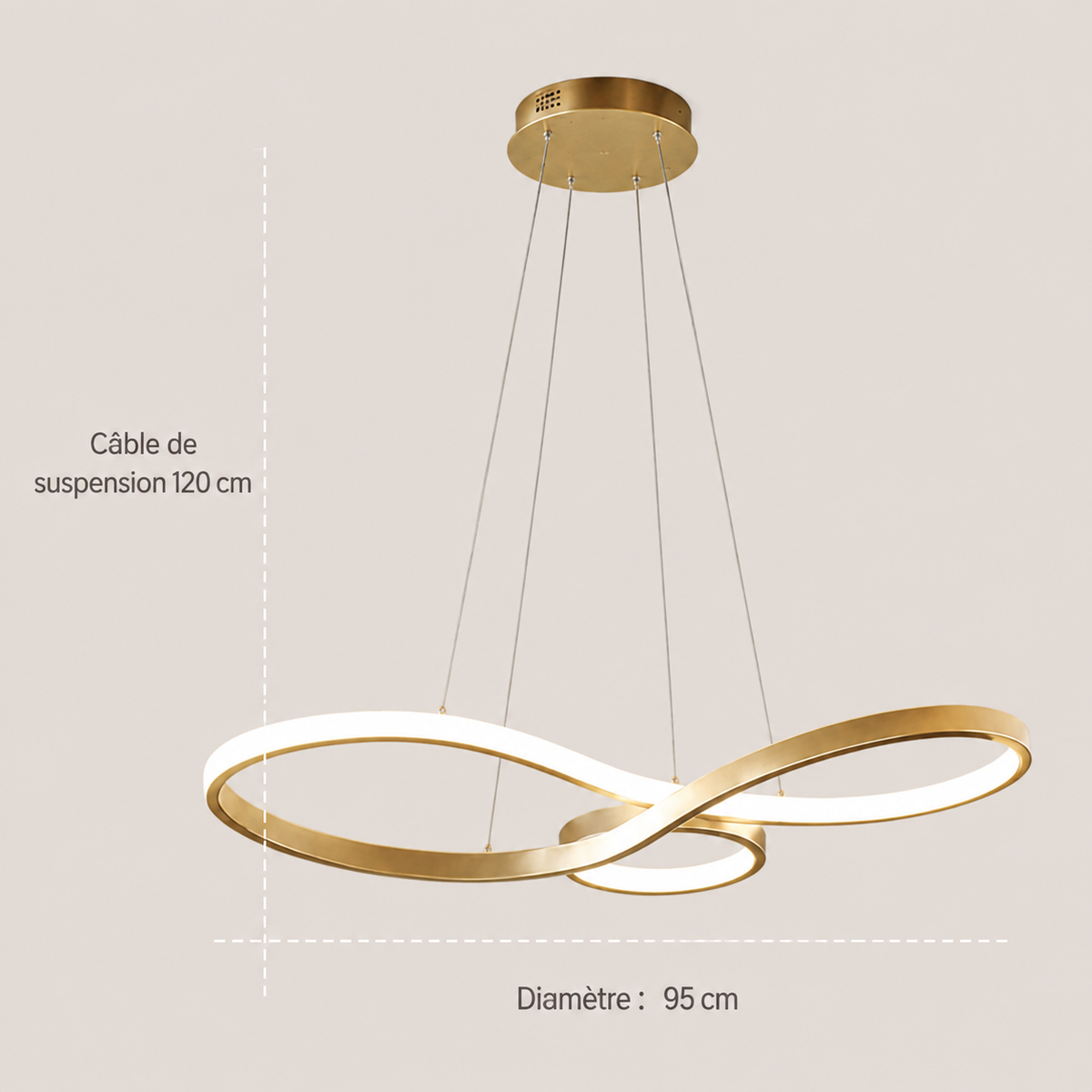 Schéma des dimensions du lustre LED : ruban doré de 92 cm de diamètre, câble de suspension de 120 cm